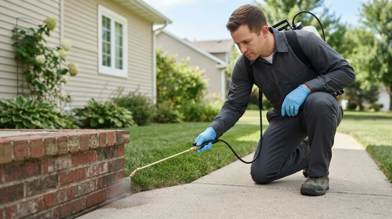 Pest control technician treating a home near Langlois, OR